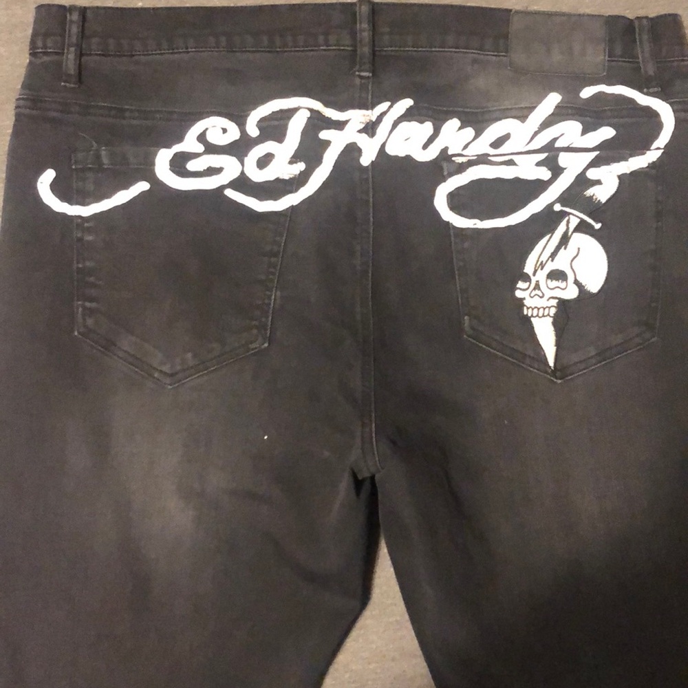 Ed Hardy Embroidered Skull Denim Black